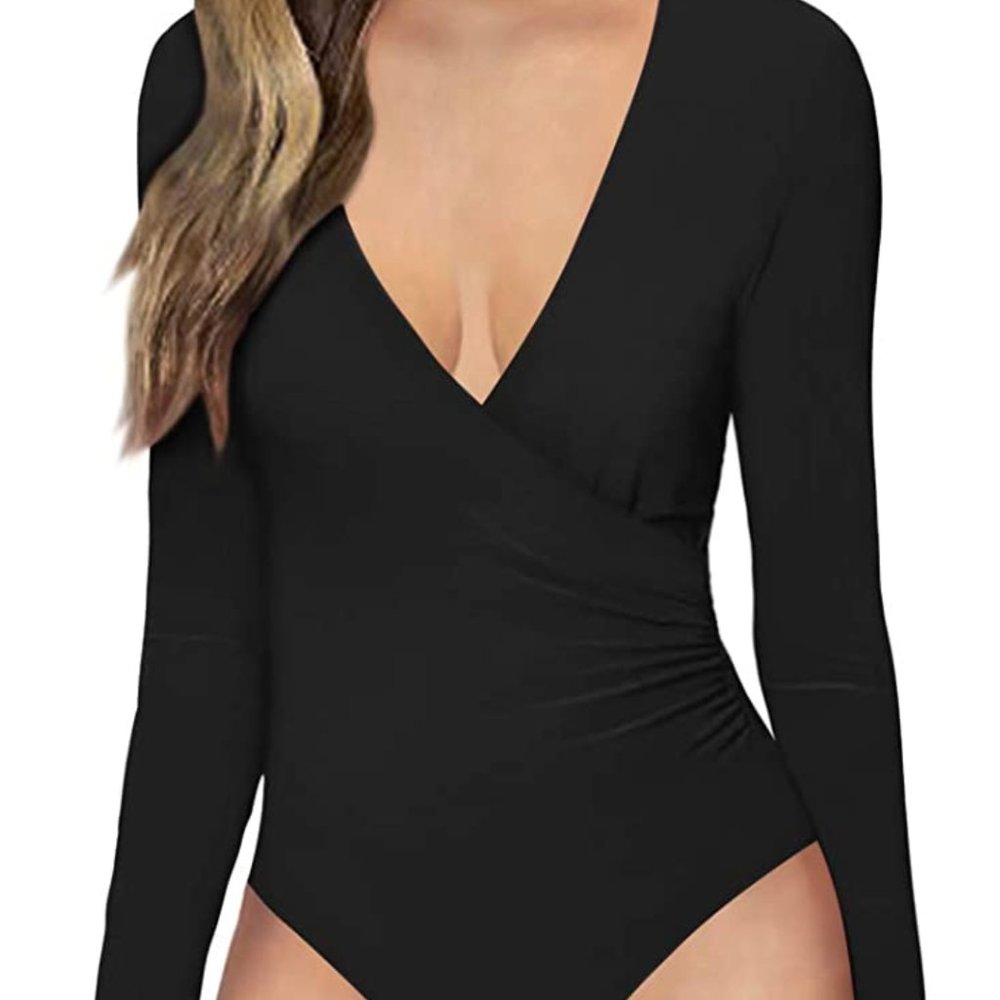 MANGOPOP Black Wrap Long Sleeve Bodysuit